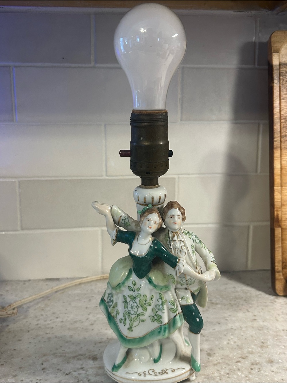 Porcelain Dancing Couple Figurine Lamp - Green and White Home Art - Picture 7 of 10
